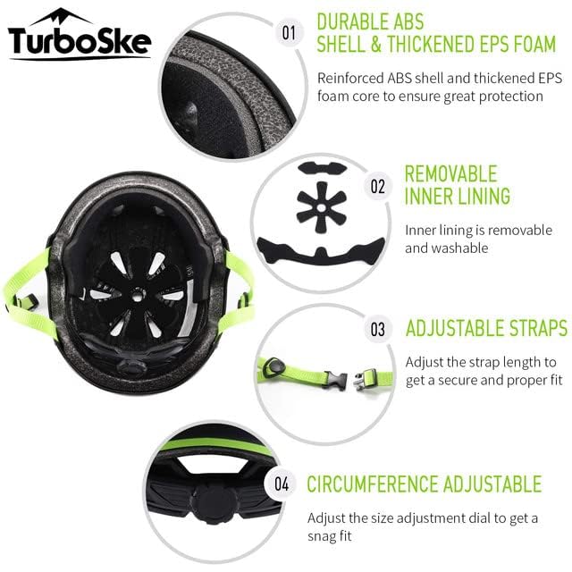 Turboske Skateboard Helmet, Bmx Helmet, Multi-Sport Helmet, Bike Helmet For Youth, Men, Women (Black&Green, L/Xl)