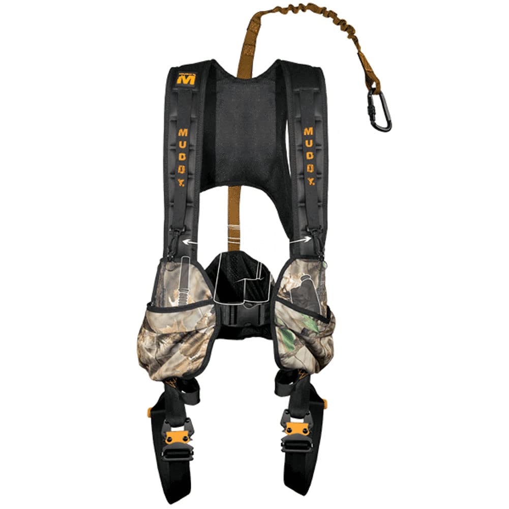 Muddy Hunting Tree Stand Safety Systems Lightweight Padded Nylon Quick-Release Crossover Harness Combo, Small/Medium