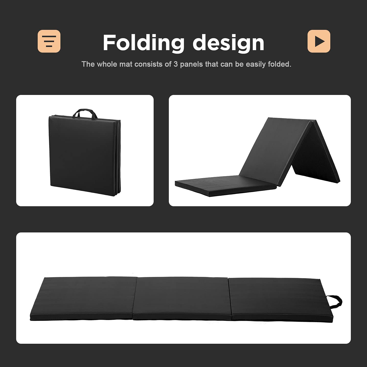 Gymnastics Tumbling Mats Portable Gymnastics Mat 3 Folding Tumbling Mat 2x6x1.6Thick Yoga Mat PU Leather Exercise Mat with Car