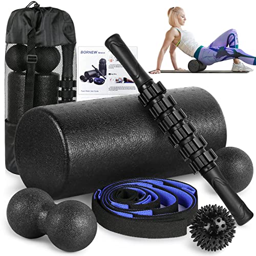 Foam Roller Set - High Density Back Roller, Muscle Roller Stick,2 Foot Fasciitis Ball, Stretching Strap, Peanut Massage Ball For