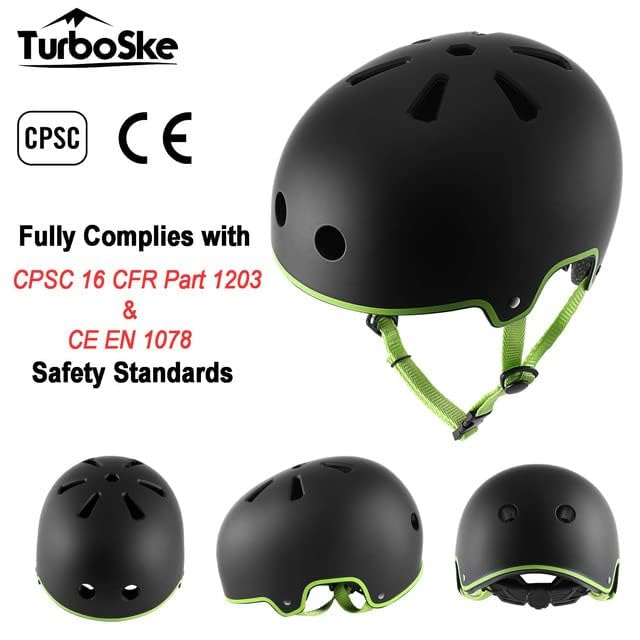 Turboske Skateboard Helmet, Bmx Helmet, Multi-Sport Helmet, Bike Helmet For Youth, Men, Women (Black&Green, L/Xl)