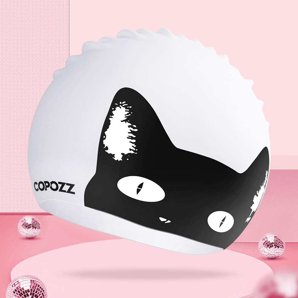 Copozz Swim Cap For Women, Silicone Waterproof Comfy Swimming Bathing Cap For Long Hair With Cat Printed (Black Cat-12Yrs+)