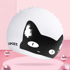 Copozz Swim Cap For Women, Silicone Waterproof Comfy Swimming Bathing Cap For Long Hair With Cat Printed (Black Cat-12Yrs+)