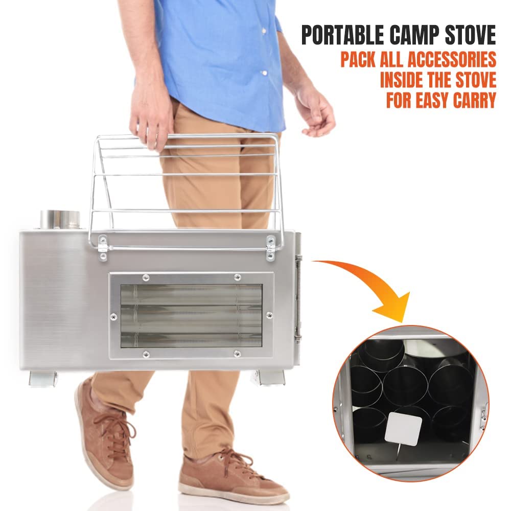 Fitinhot Tent Stove, Portable Camping Wood Burning Stoves Stainless Steel With Chimney Pipes For Outdoor Cookout, Hiking, Travel