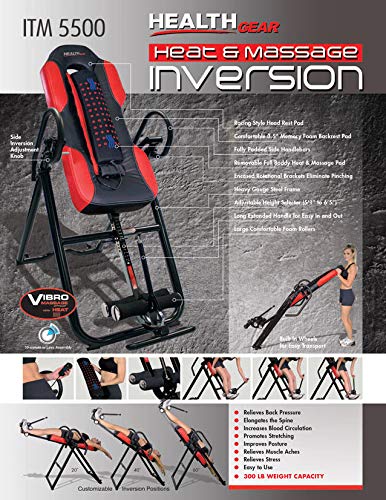 Health Gear Itm5500 Advanced Technology Inversion Table With Vibro Massage & Heat - Heavy Duty Up To 300 Lbs., Black/Red