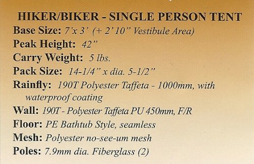 Large 1 Person Hiker/Biker 3 Season Tent