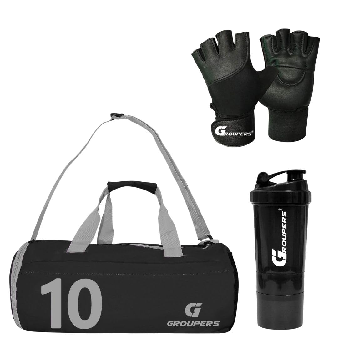 Groupers Foldable Gym & Travel Duffle Bag 2025L  Black Weekender With Shoe Compartment + 500Ml LeakProof Shaker Bottle & Work