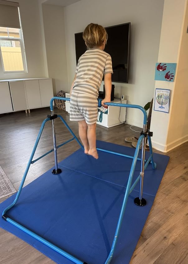 Safly Fun Expandable Gymnastics Bars Junior Training Bar Gymnastic Folding Horizontal Bars With Mat For Kids(Blue+Mat)