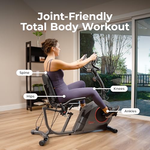 Sunny Health & Fitness Smart Recumbent Bike W/Workout Bands, 300Lb Capacity Compact Equipment For Indoor Full-Body Exercise, Adj