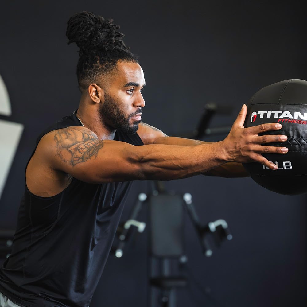 Titan Fitness 18 Lb - 30 Lb Soft Shell Medicine Wall Ball With Poly-Composite Laminate Cross Texture Non-Slip Grip For Throwing,