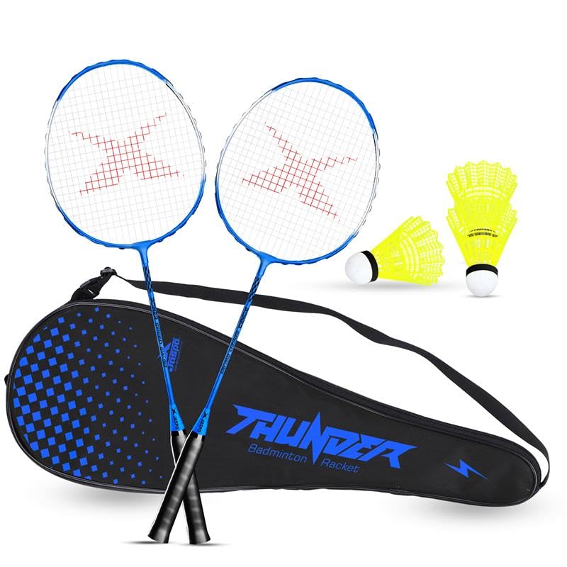 Jaspo Thunder Badminton Kit,Badminton Set Of Metal Alloy Rackets (Set Of 2) With Full Cover Bag, 3 Pcs Plastic Shuttlecocks, Ide