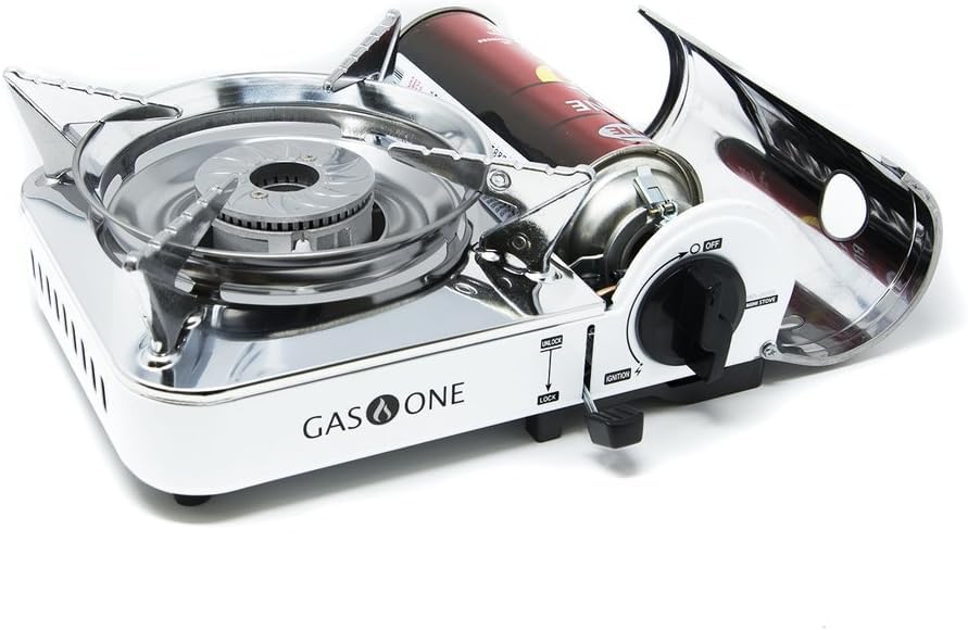 Gas One Gs-800A Emergency Gear Camping Mini Butane Portable Gas Stove With Carrying Case, Stainless Steel, White