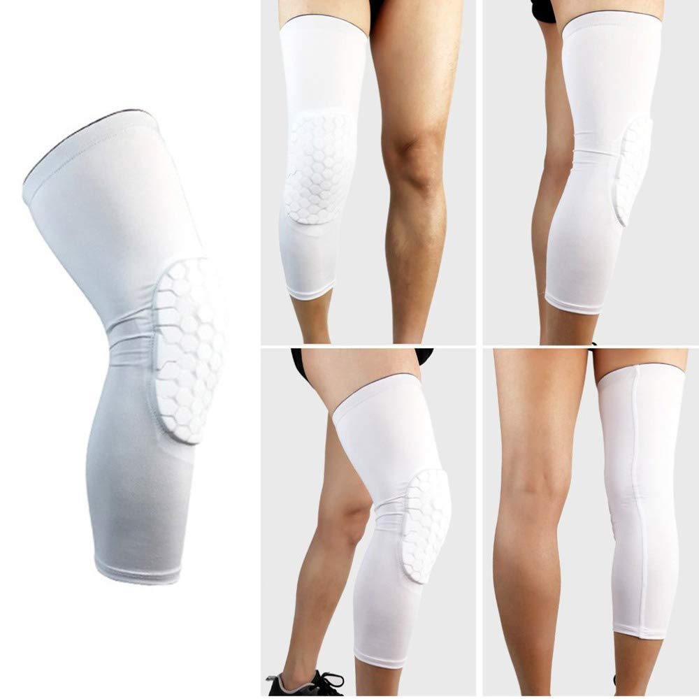 Pisiqi Knee Compression Pads Long Leg Sleeve Brace Protection For Basketball, Football & Volleyball (2 Sleeves) (White, L)