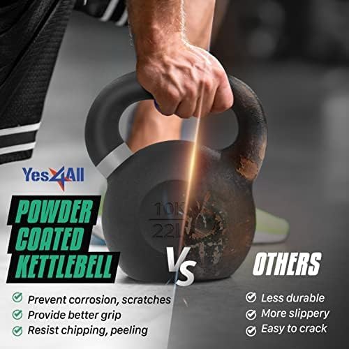 Yes4All Powder Coated Cast Iron Kettlebell Pair Green - 20 Kg / 44 Lb Strength Training Kettlebells Weight Set For Full Body Wor