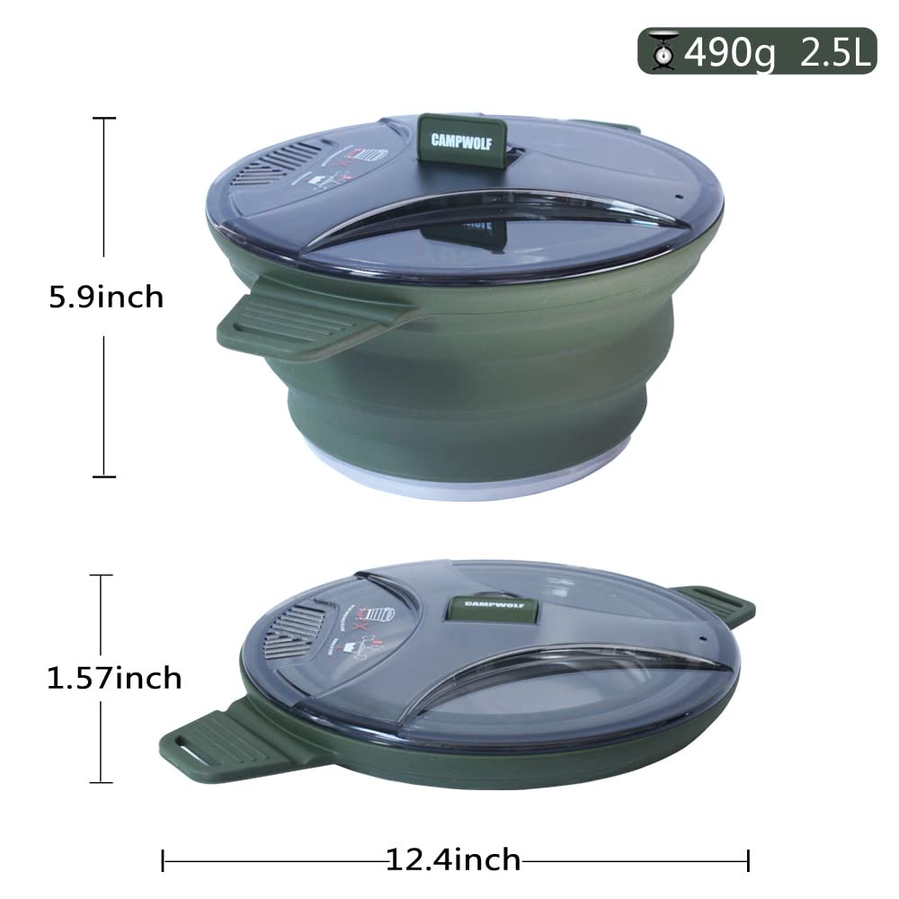 Campwolf 2.5L Collapsible Camping Cook Pot,Portable Cookware For Outdoor Hiking (Dark Green)