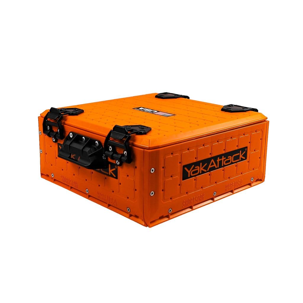 YakAttack ShortStak SOLO Storage Box 13 x 13 - Orange | Standalone Low-Profile Crate with Lid, Hinges & Latches | GridLoc Mounti