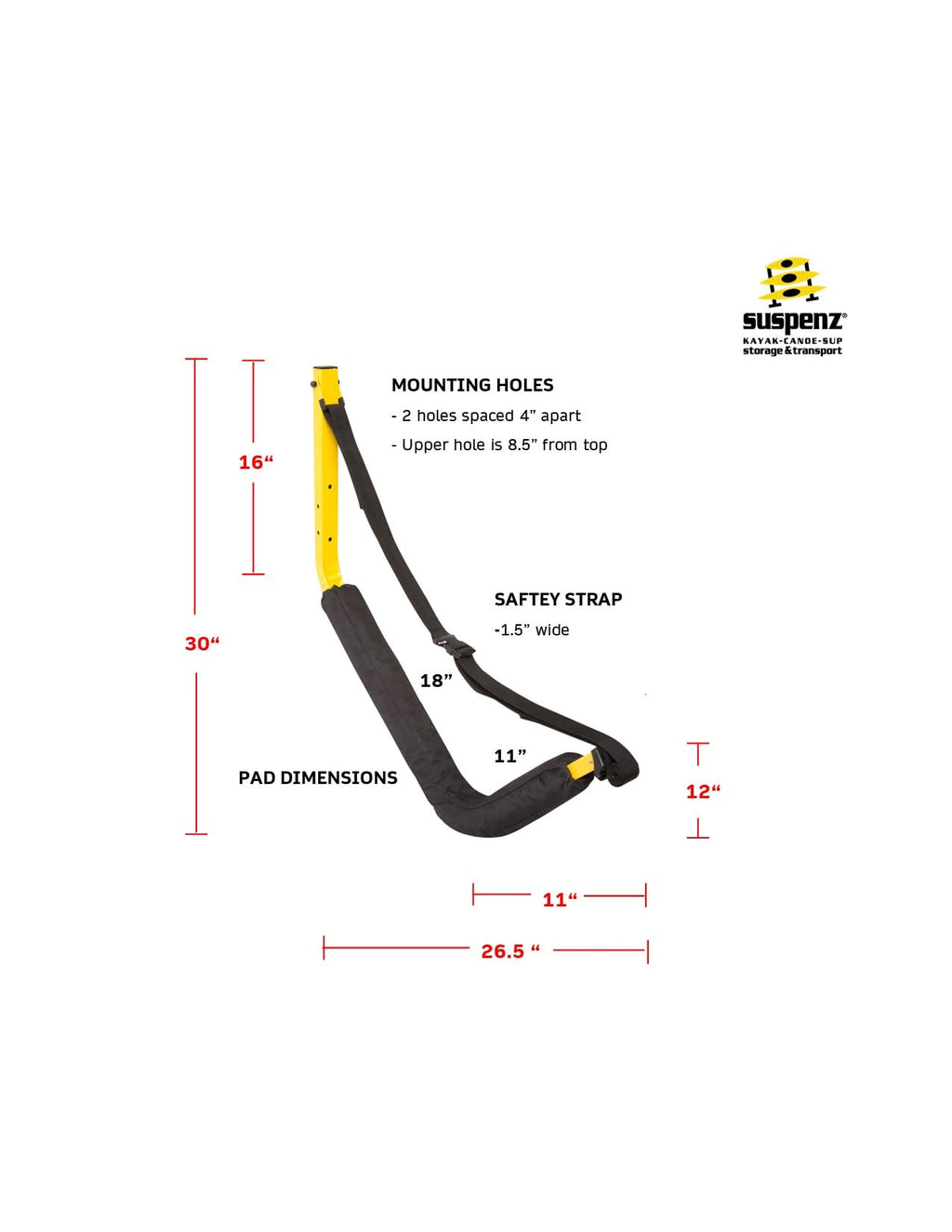 Suspenz Kayak Storage Rack, Big Ez Padded Wall Hangers/Hooks For Kayaks And Canoes, Indoor & Outdoor Wall Mounts, Powder-Coated
