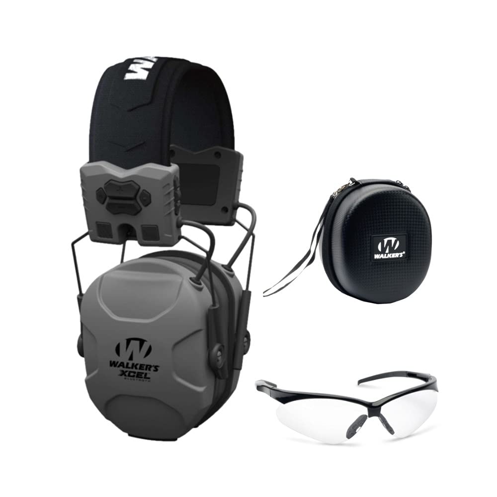 Walkers XCEL 500BT Digital Electronic Muff with Voice Clarity and Bluetooth, Sport Shooting Glasses and Hearing Protection Case 