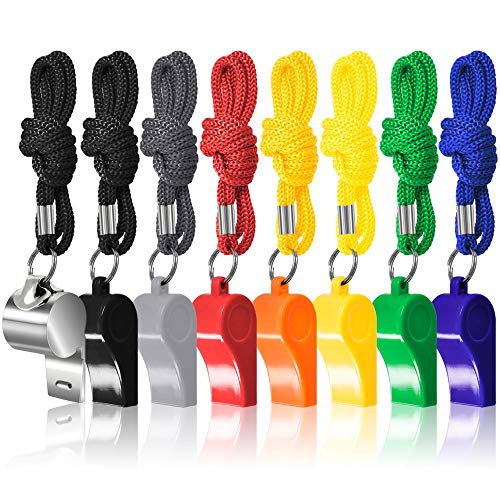 Tima 10 Packs Coaches Referee Whistles with Lanyards, 9 Colorful Plastic and 1 Stainless Steel Metal Whistle for Football Sports