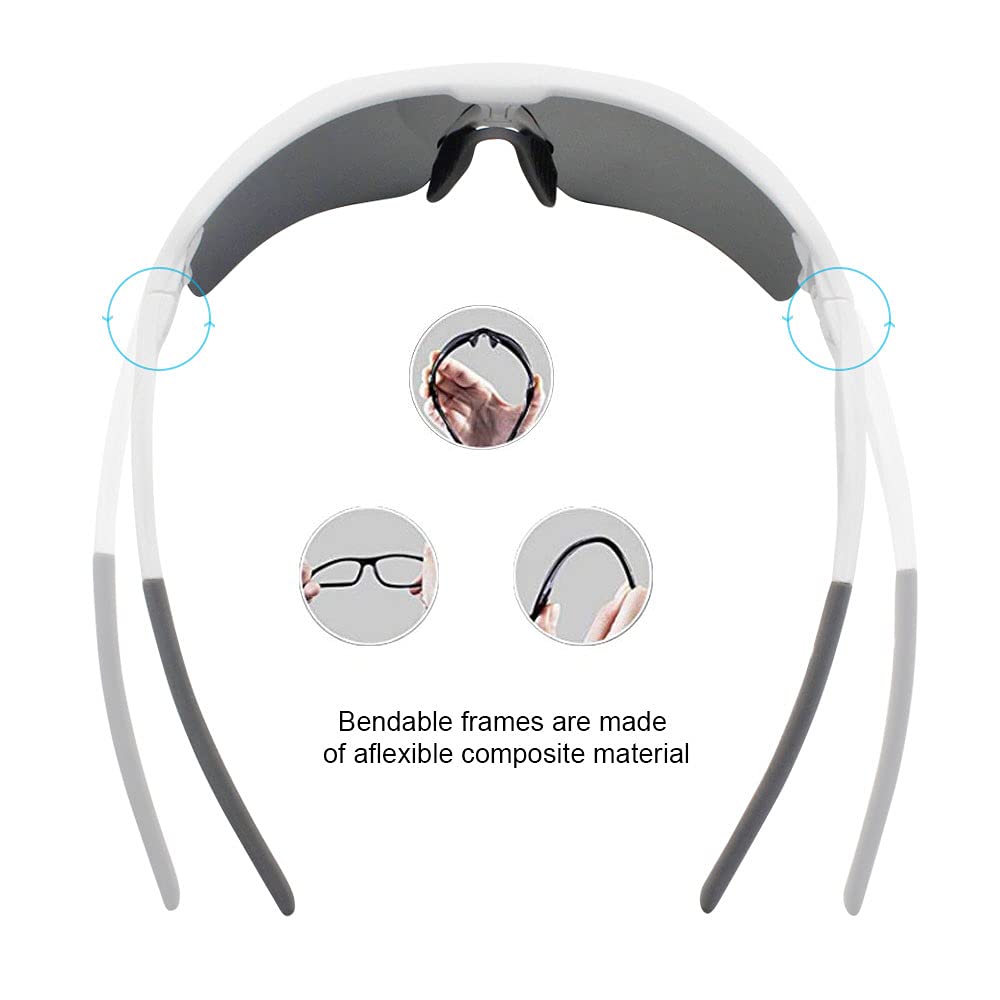 Polarized Sports Sunglasses Cycling Sun Glasses For Men Women With 5 Interchangeable Lenes For Running Baseball Golf Driving (Wh