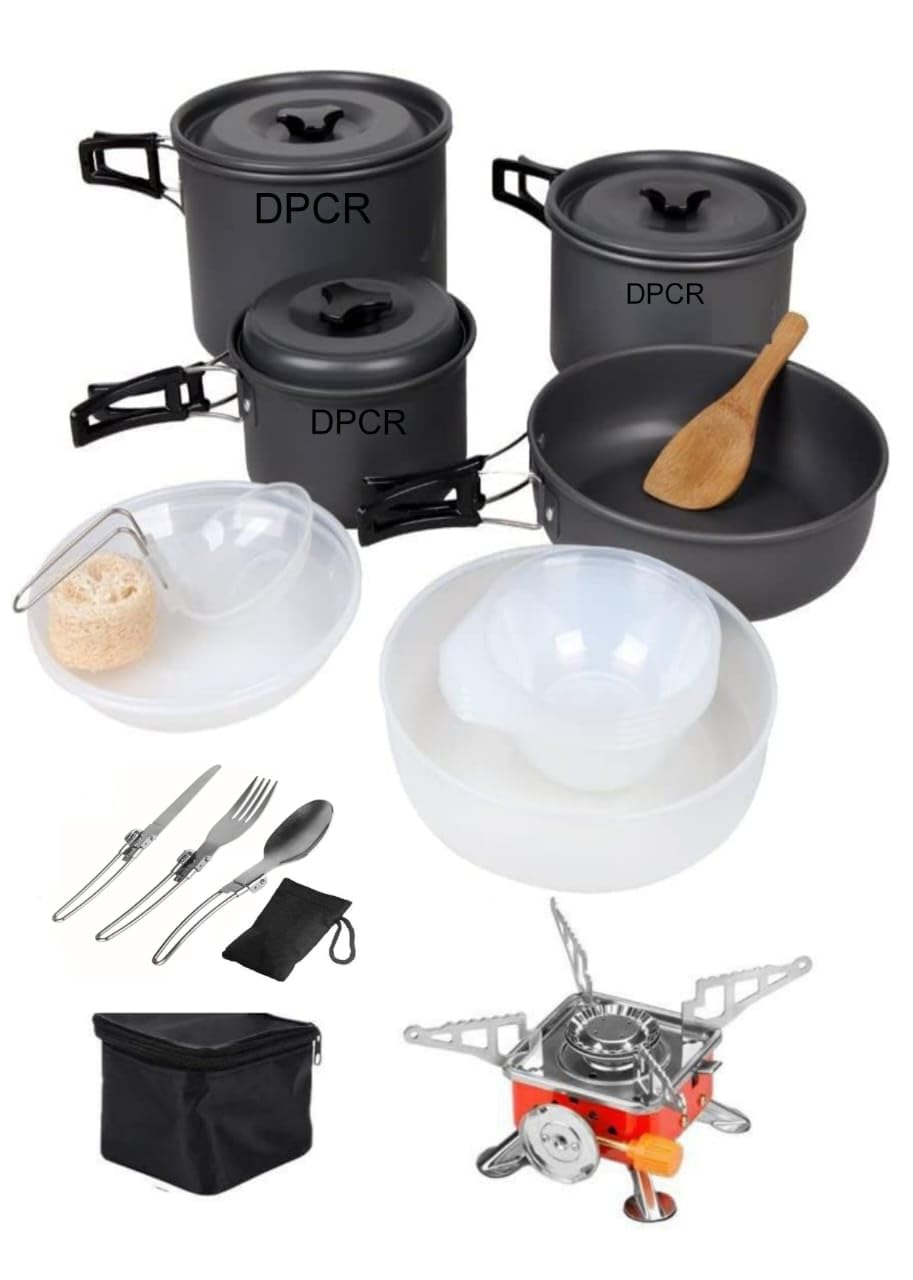 Dpcr Camping Cooking Mess Set With Spoon,Gas Stove, Lightweight Hiking Cookware Set With Gas, Nonstick Aluminum Cooking Kit, Pot