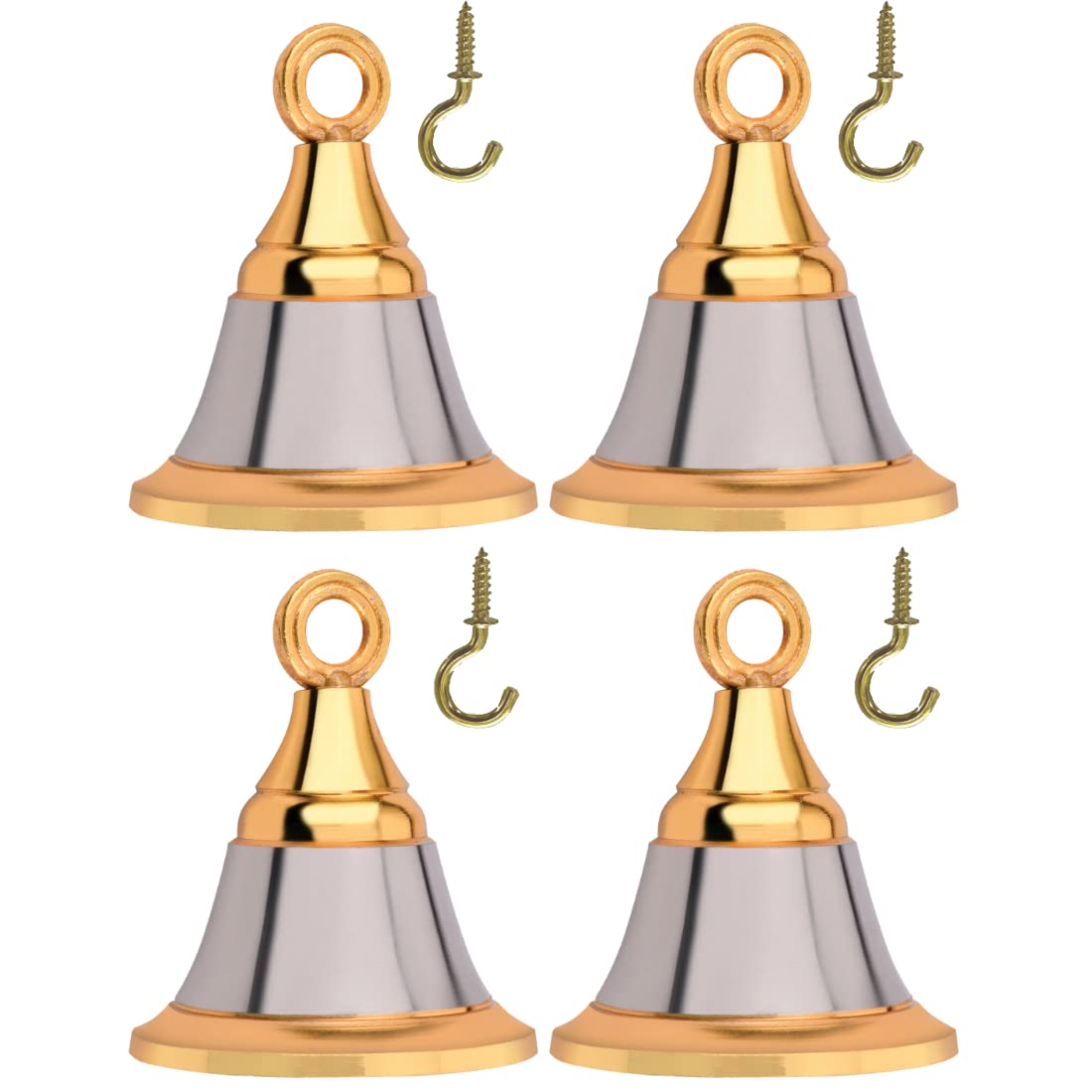 Decordepo Hanging Bell | Decorative Bell For Pooja Room, Main Door, Home Decor With J HookS  Silver Gold  1.5 Inches Set Of 4
