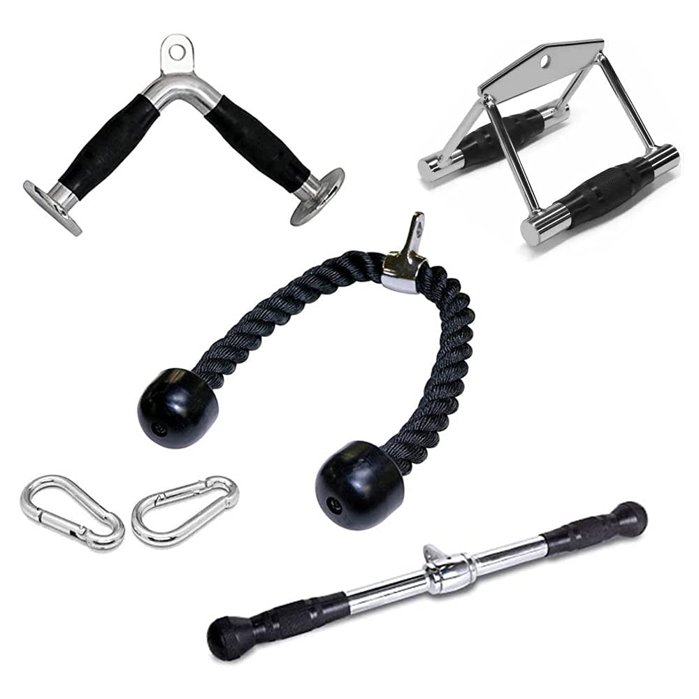 M ART Triceps Rope Handle | Triceps Straight LAT Bar | Triceps V Shaped Handle Bar | Rowing Handle | Safety Hooks | Combo Pack W