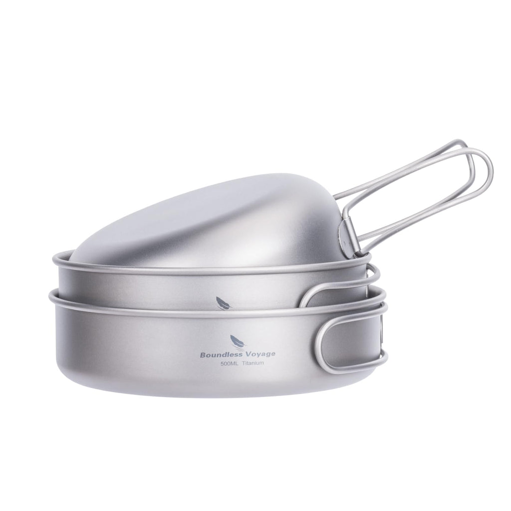 Usharedo Camping Titanium Pots Set Titanium Bowl Set Outdoor Cookware Cooking Pan Pot With Folding-Handle Travel Kitchen Mess Ki