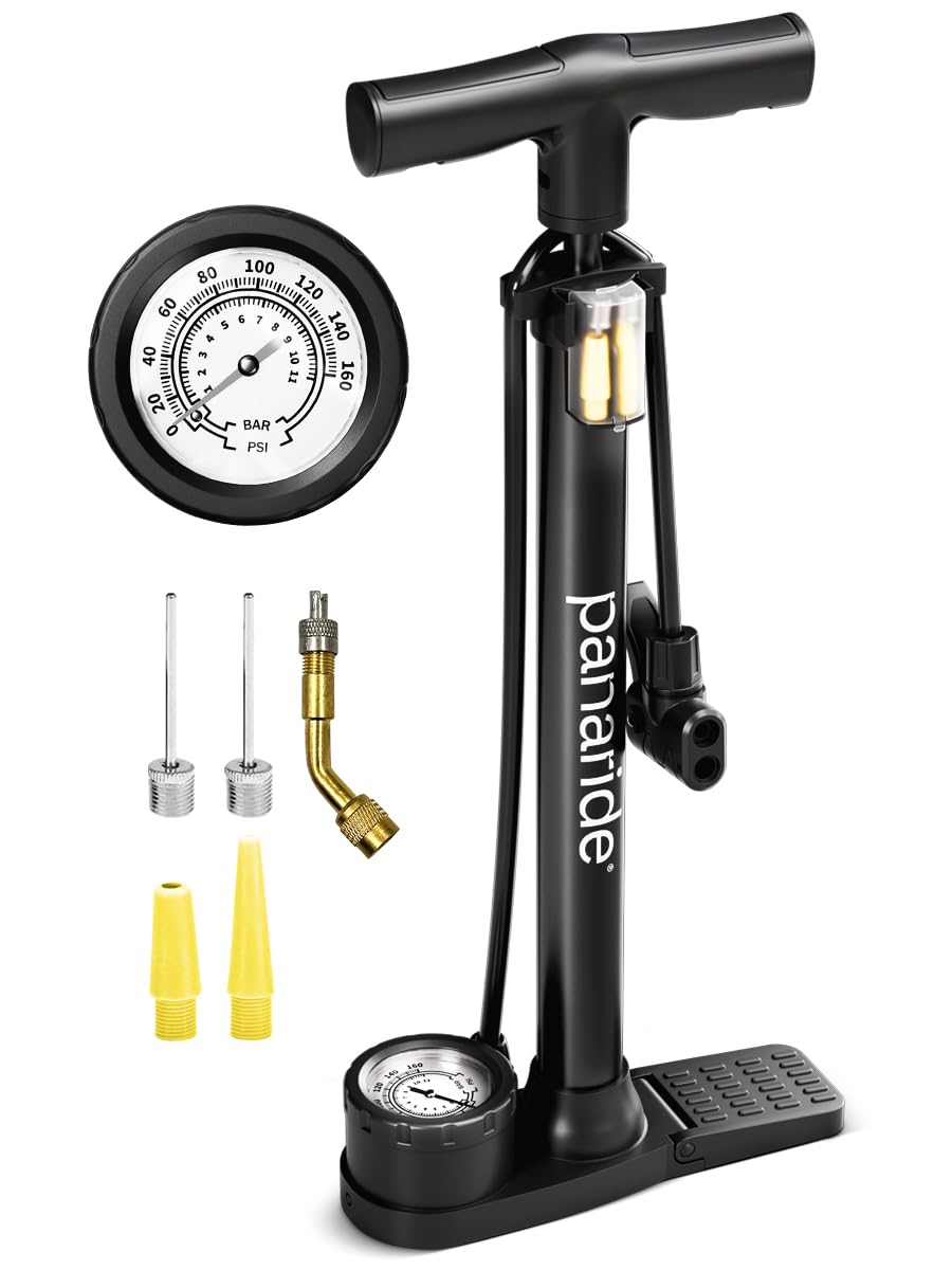 Bike Pump with Gauge - Floor Bike Pumps for Road & Mountain Bikes, Presta & Schrader Valve, 160 PSI, 2-Inch Dial, Includes Needl