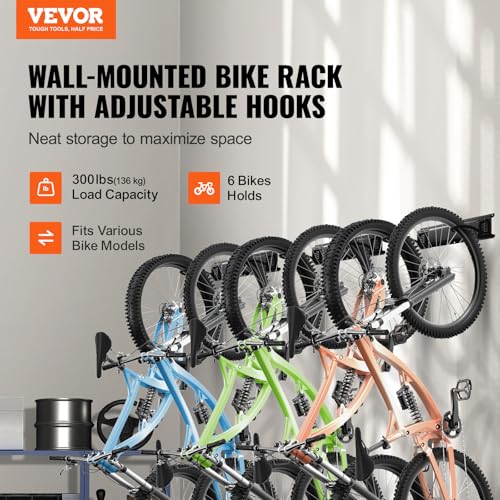 Vevor Bike Storage Rack, 6 Bike Racks And 6 Helmets Hooks, Wall Mount Bike Storage Hanger, Home & Garage Organizer, Customizable