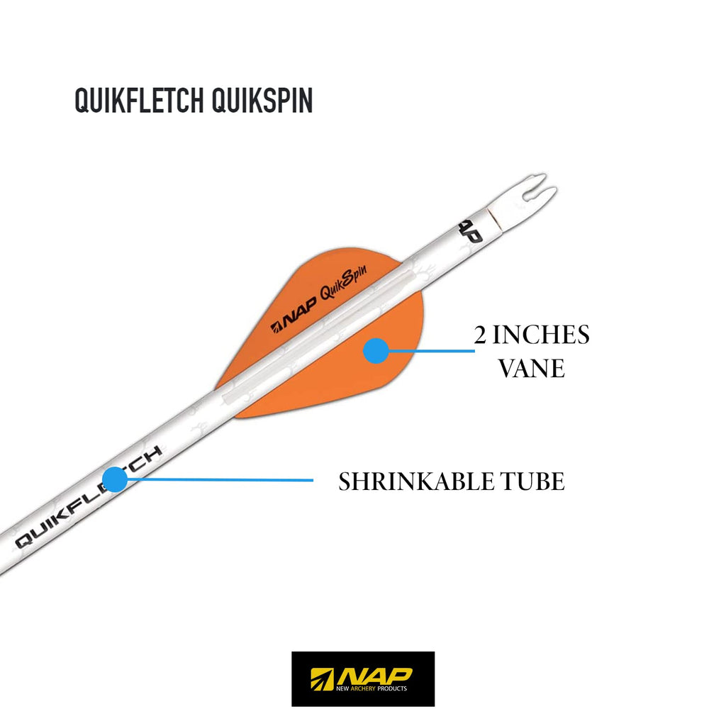 New Archery Products Quikfletch Quikspin 2'' 3-Vane Stabilizing Fletching - White Tube, Orange/White Vanes