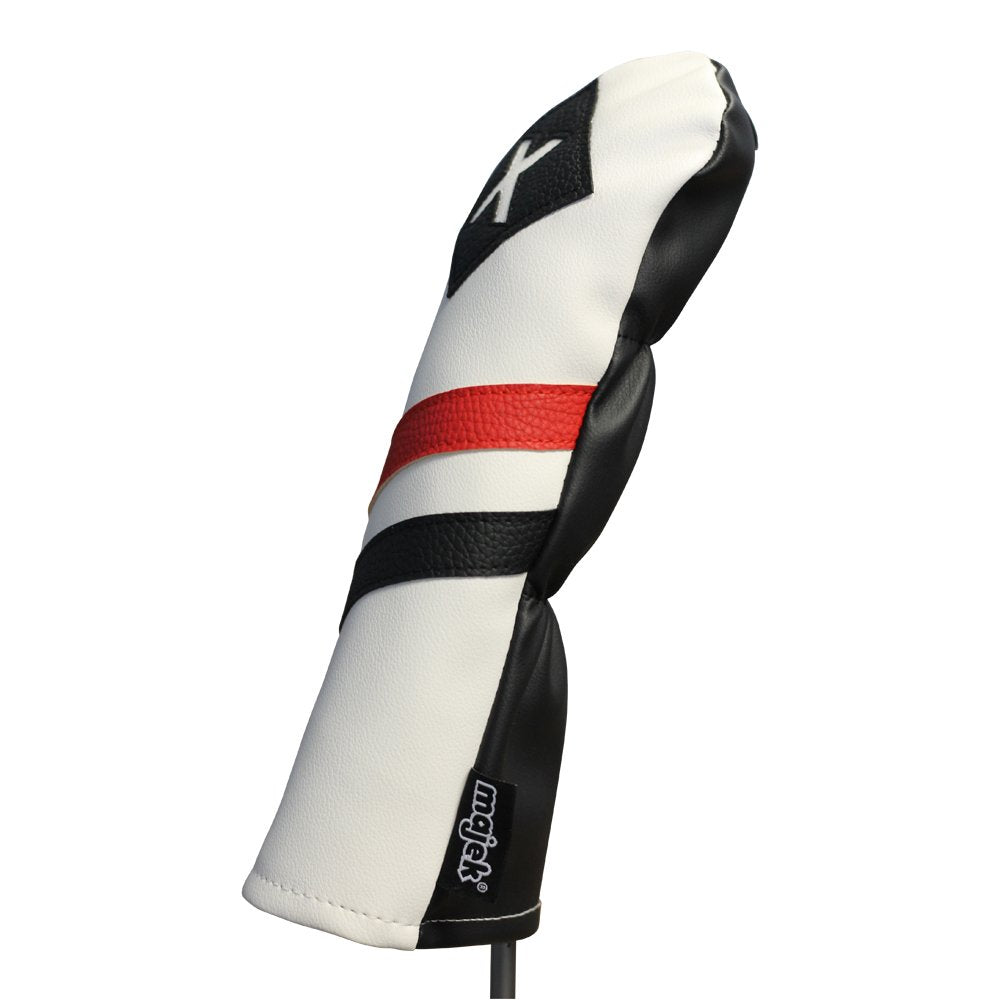 Majek Retro Golf Headcover White Red And Black Vintage Leather Style X Fairway Wood Head Cover Classic Look, Wheel Tag Includes