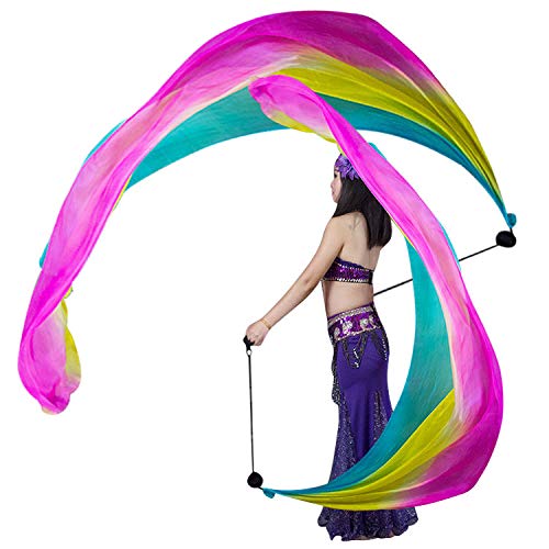 Kikigoal 2Pcs 2.5X0.9M/98.43''X35.43'' Multi-Color Dance Silk Veil Poi (2.5X0.9M/98.43''X35.43'', Pink Yellow Blue)