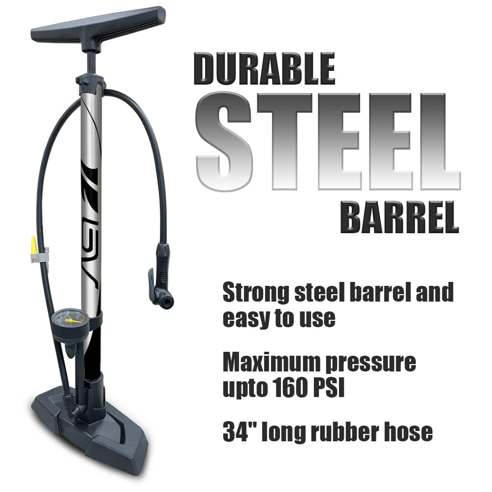 Bv Bicycle Ergonomic Floor Pump With Gauge & Clever Air Valve, 160 Psi, Reversible Presta And Schrader