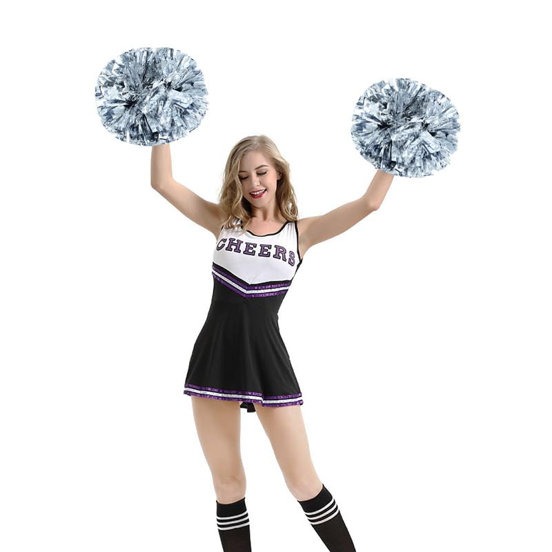 Hooshing 6Pcs Pom Poms Cheerleading Metallic Silver Cheer Pom Poms With Plastic Handle For Team Spirit Sports Dance Cheering Kid