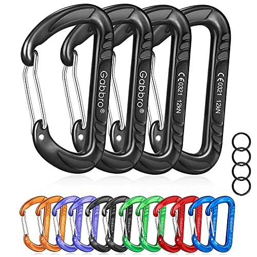 Gabbro Carabiner Clip Heavy Duty 2697Lbs, 4 Pcs 3'' Large Lightweight Aluminum Caribeaners With Keychain Hook Ring - Black