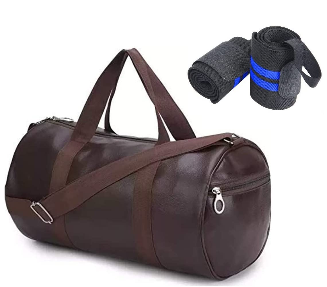 Raizex Combo Pack Of PuLeather Gym Bag Gym Duffel Bag With Shoulder Strap For MenS & WomenS With Blue Wrist Support Band For