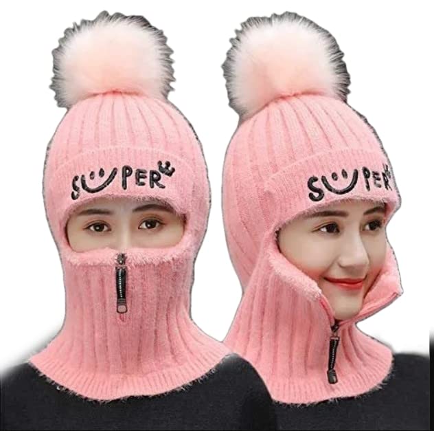 Mystify Monkey Cap For Women Winter Woolen Beanie Zipper Hat | Knitted Soft Plush Angora Wool Inside Fur Thick Windproof Face Co