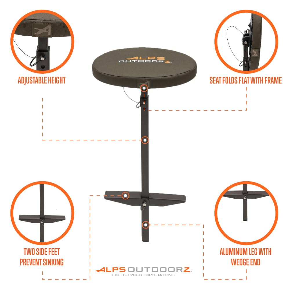 Alps Outdoorz Wetland Seat - Adjustable Height Hunting Chair With Padded Seat, Durable Aluminum Leg, Side Feet For Stability, Ca
