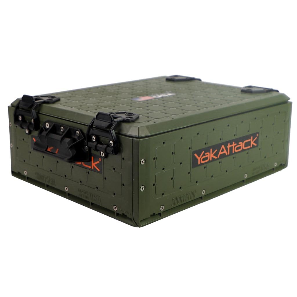 YakAttack ShortStak SOLO Storage Box - Ranger Green | 13 x 16 Standalone Low Profile Kayak Gear Crate with Lid Hinges Latches & 