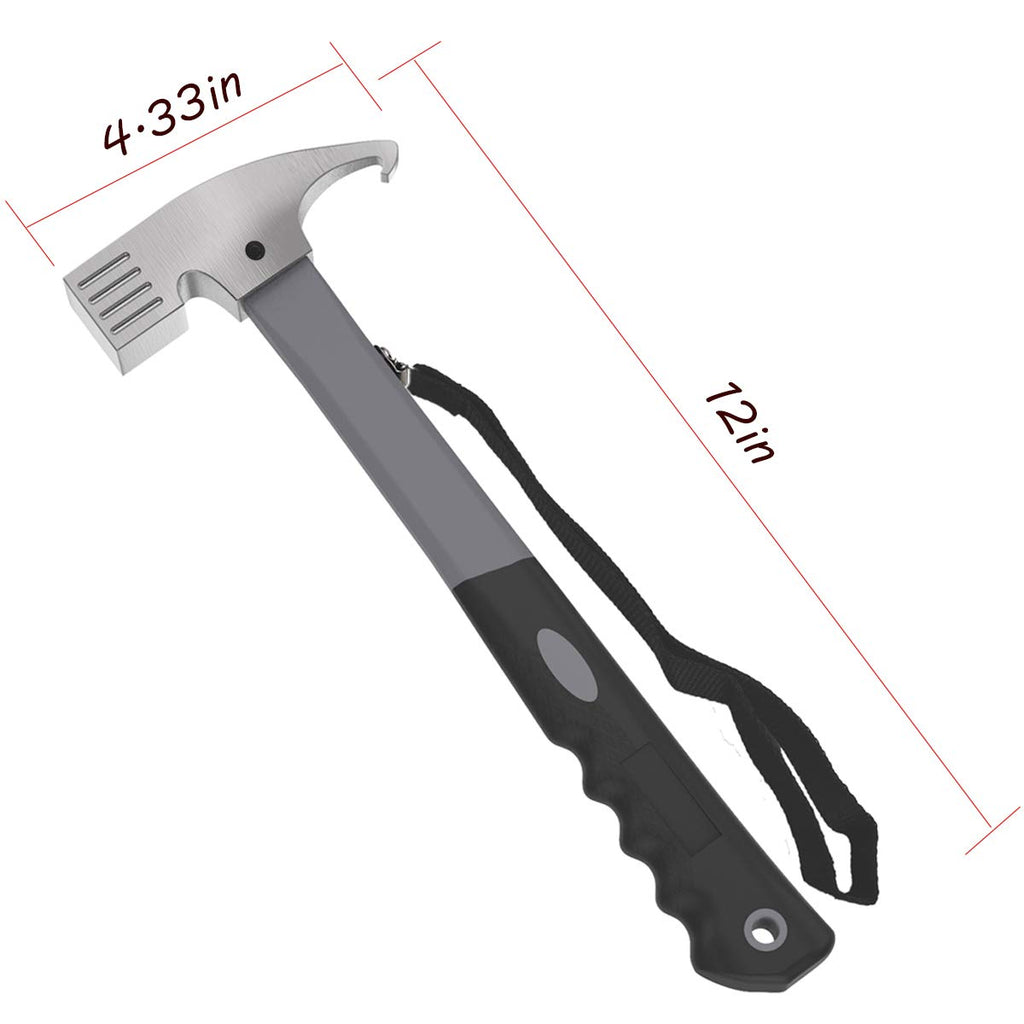 Camping Hammer Heavy Duty With Tent Stake Remover, 12.6'' Steel Tent Hammer - Rubber Covered Handle Tent Mallet With Holding Str