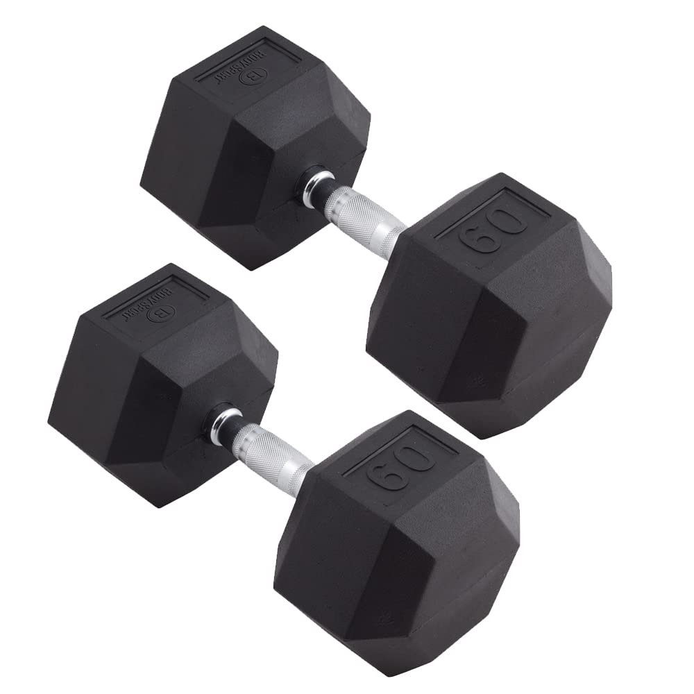 Body Sport Rubber Encased Hex Dumbbell Weight, 60 Lb. (Pair) - Chrome, Anti-Slip Grip For Strength Training - Home Gym & Fitness