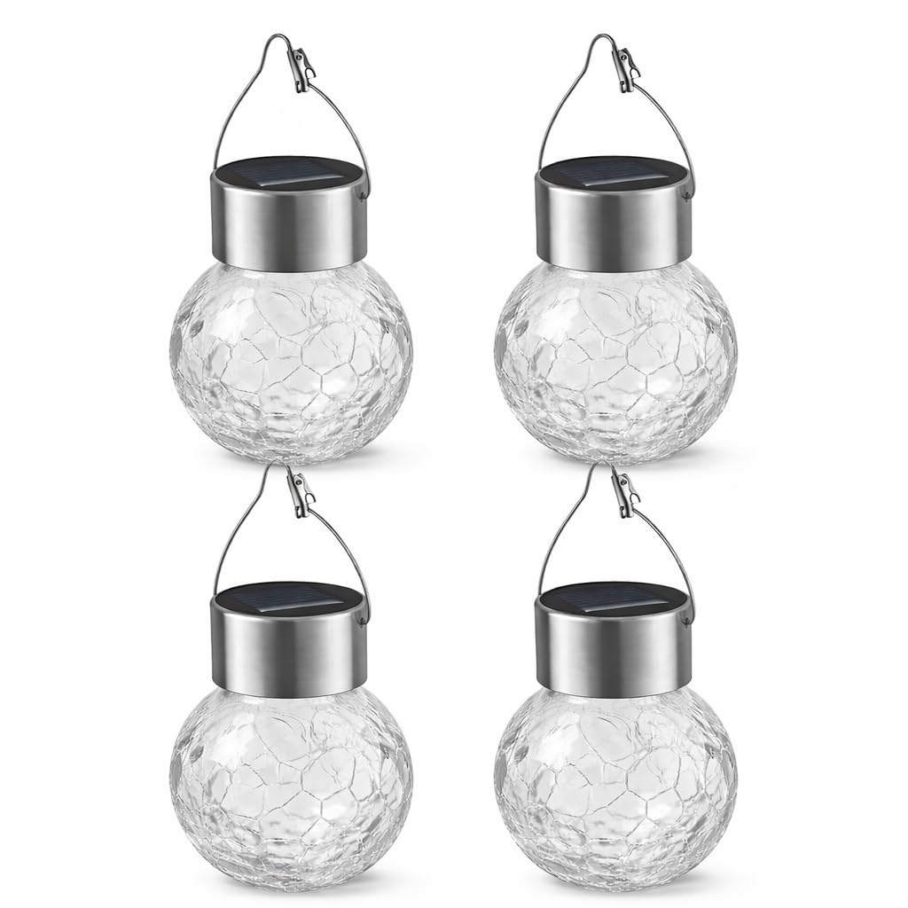 Nuwishtek Hanging Solar Lantern Lights, Outdoor Waterproof Cracked Glass Round Ball Lamp, Garden Globe Warm White Led Light For