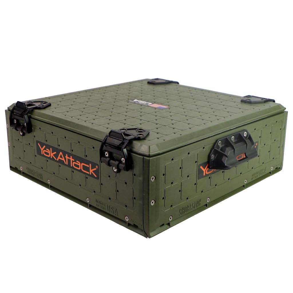 YakAttack ShortStak SOLO Storage Box - Ranger Green | 16 x 16 Standalone Low Profile Kayak Gear Crate with Lid Hinges Latches & 