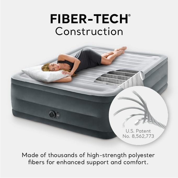 Intex 64417Ed Dura-Beam Deluxe Comfort-Plush High-Rise Air Mattress: Fiber-Tech - Queen Size - Built-In Electric Pump - 22In Bed