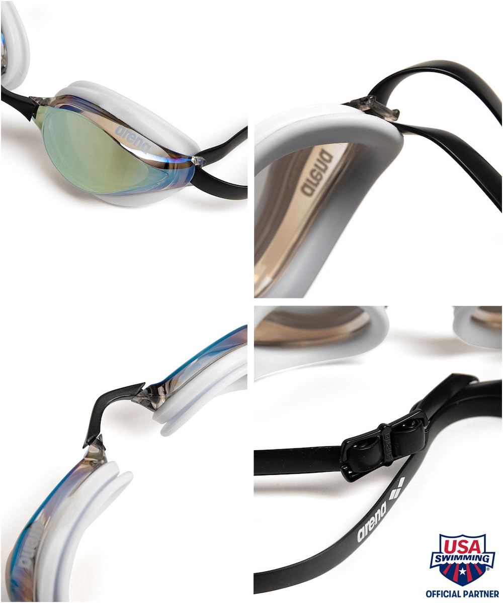 Arena Unisex Adults Python Racing Swim Goggles For Men And Women Anti-Fog Mirror Lens Max Comfort Dual Strap, Gold/White/Black