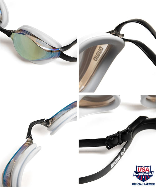 Arena Unisex Adults Python Racing Swim Goggles For Men And Women Anti-Fog Mirror Lens Max Comfort Dual Strap, Gold/White/Black