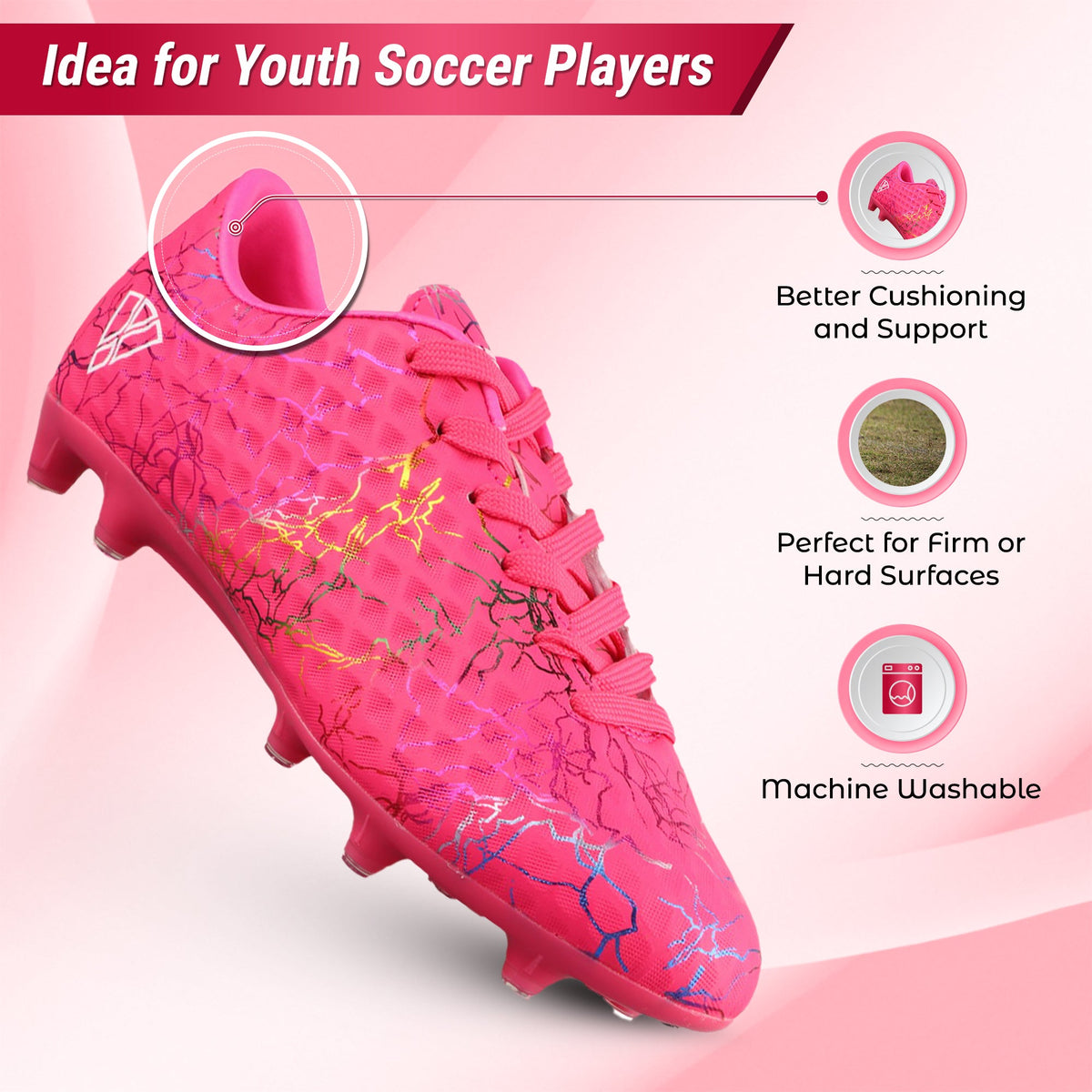Vizari Zodiac Junior Padded Comfort Firm Ground (FG) Youth Soccer Cleats - Pink