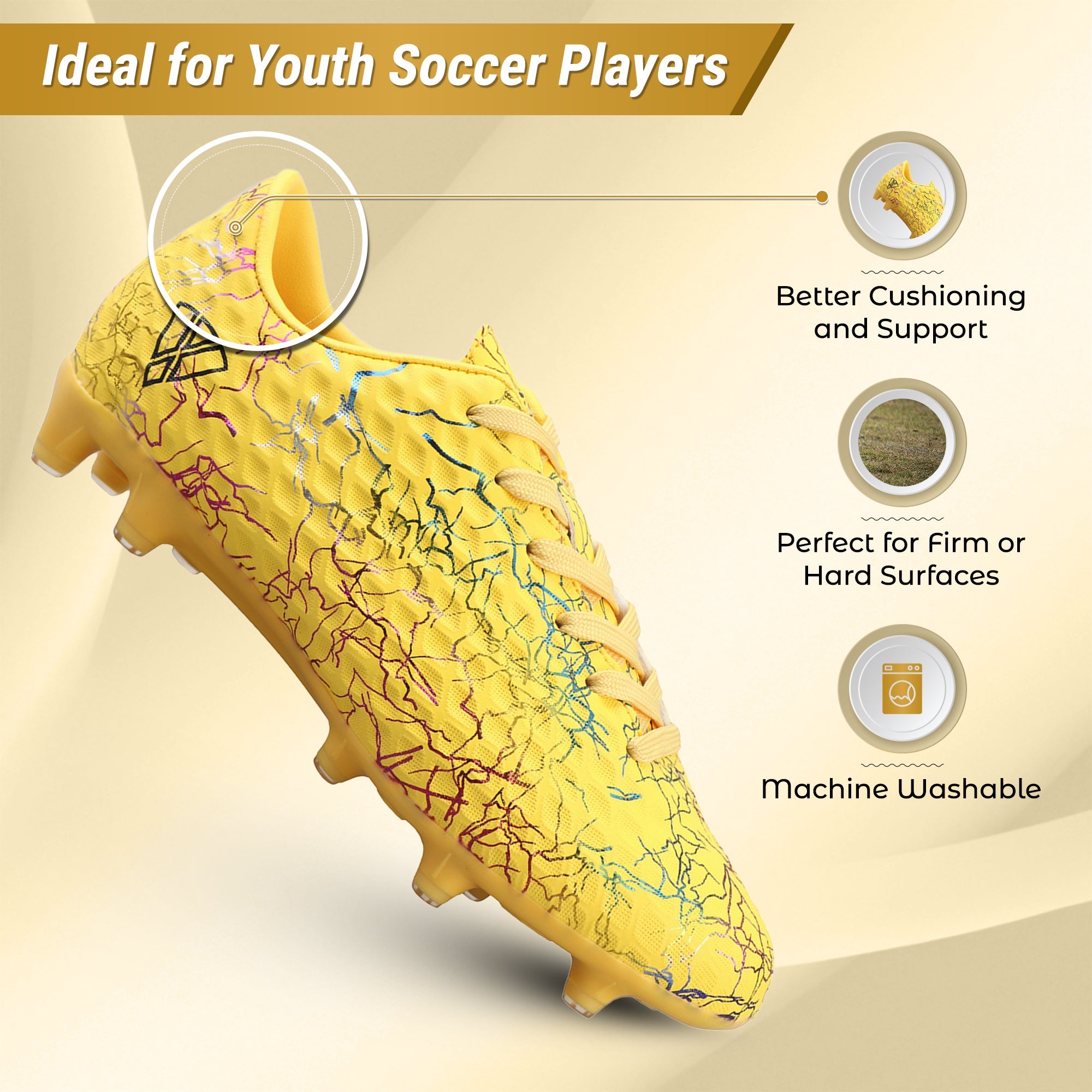 Vizari Zodiac Junior Kids Firm Ground (FG) Soccer Cleats -Yellow, Youth Sizes 8C