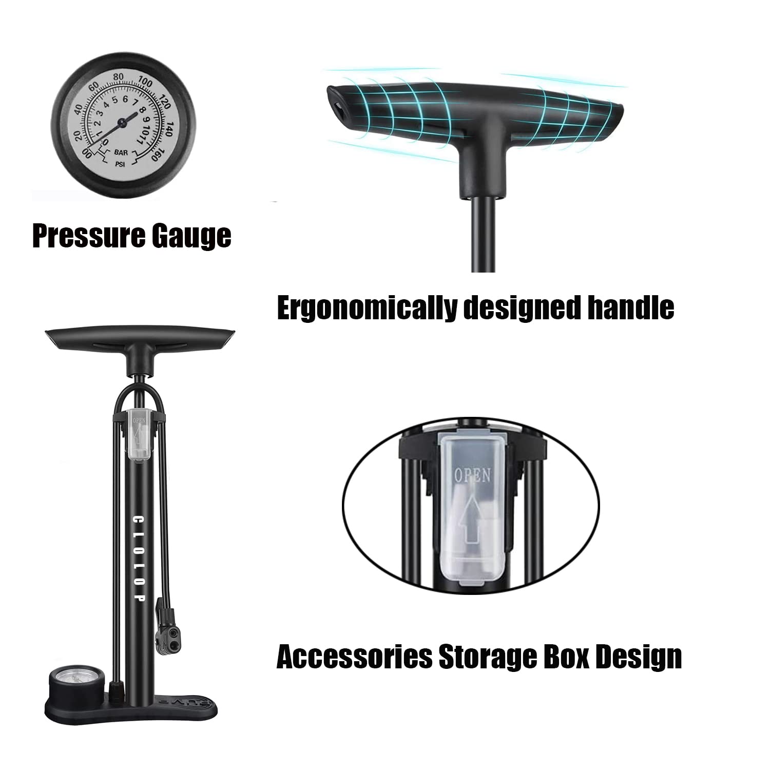 Clolop Bike Floor Pump Bike Pump High Pressure 160 Psi,Bicycle Pump With Air Ball Pump Inflator Fits Schrader And Presta Valve